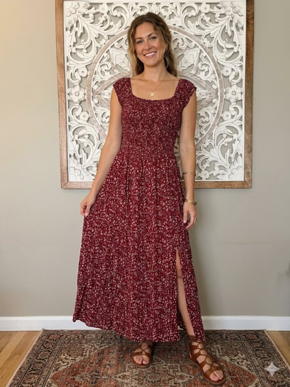Leo Rosi Maroon Ditsy Floral Smocked Burgundy Red Maxi Dress sz L EUC